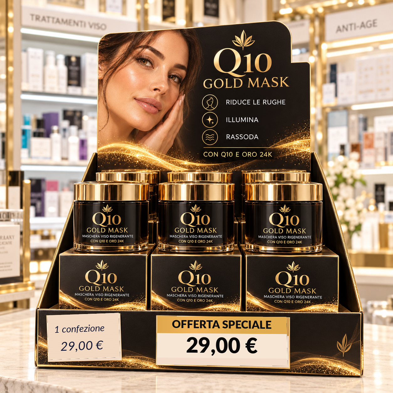 Espositore Q10 Gold Mask, confezione singola a 29 euro